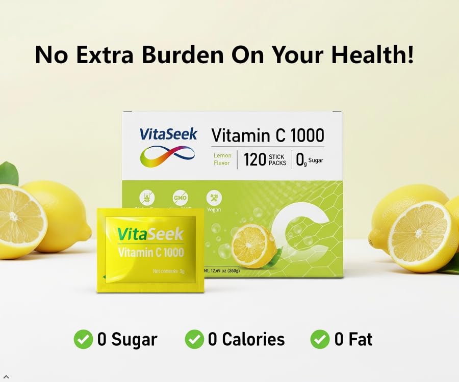 VitaSeek Vitamin C Powder Packets, Sugar Free Lemon Flavor, 120 Packets
