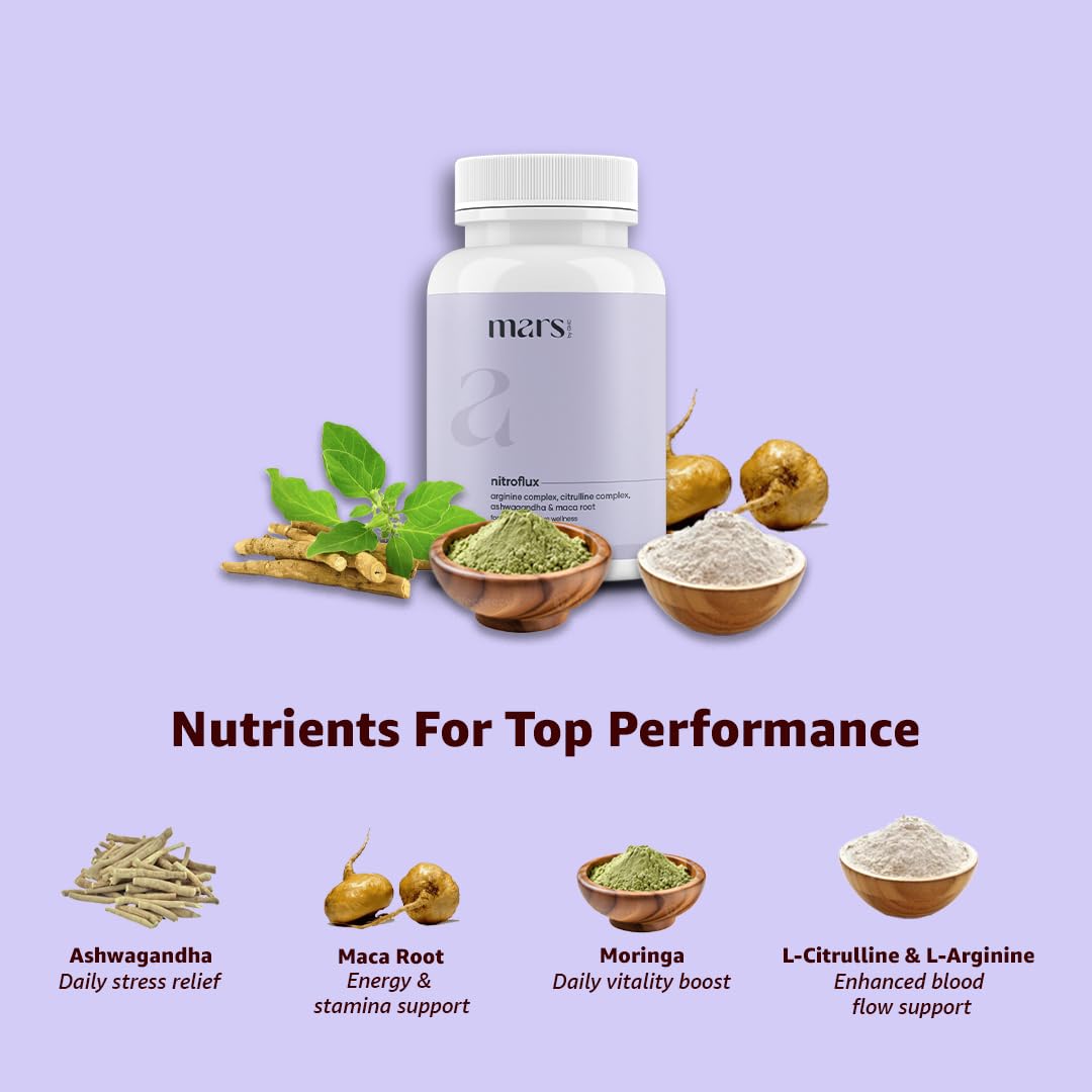Mars by GHC NitroFlux Nitric Oxide Booster Capsules with Ashwagandha & Maca Root, Pre Workout Supplement, Wellness Formula, 2 Capsules