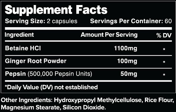 Leviathan Nutrition Betaine HCl with Pepsin & Ginger Capsules, 120 Count