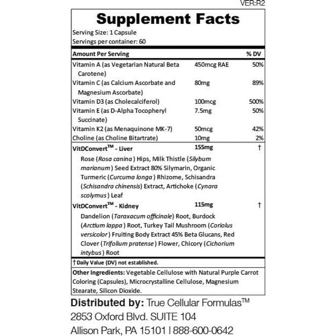 True Cellular Formulas VITDRestore+ Vitamin D3 + K2 with Liver and Kidney Support Capsule, 60 Count