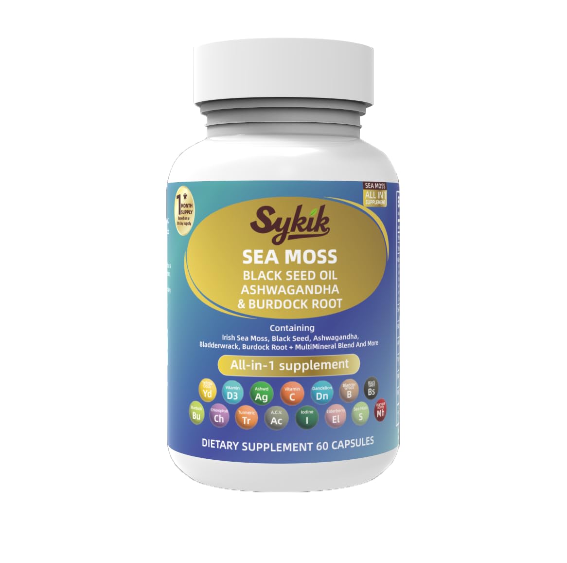Sykik Sea Moss Black Seed Oil with Ashwagandha, Turmeric, Bladderwrack, Burdock, Vitamins C & D3, Elderberry, Manuka, Dandelion, Yellow Dock, Iodine, Chlorophyll, ACV Capsules 60 Count