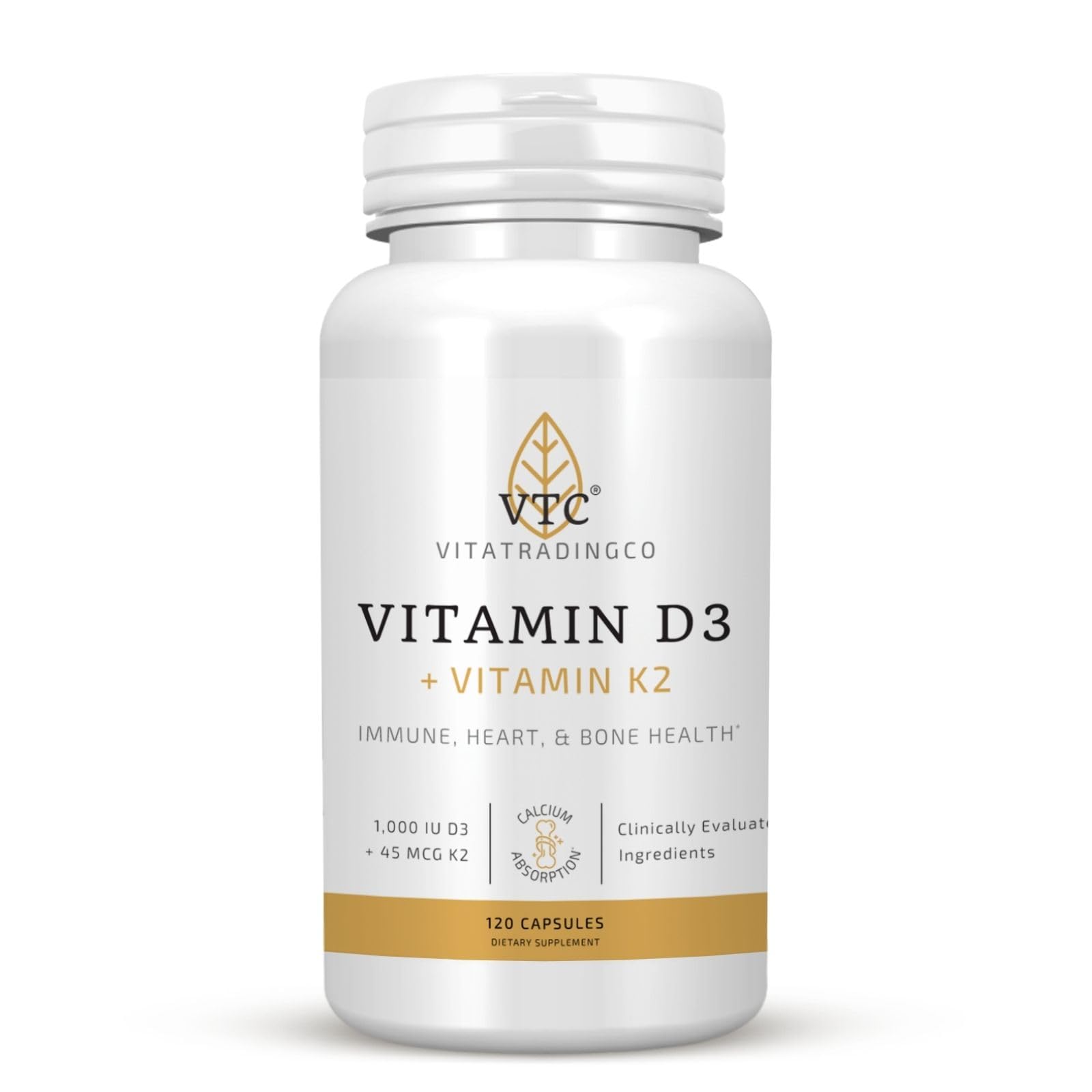 VTC VitaTradingCo. Vitamin D3 + K2 1000iu D3 + 45mcg MK-4 K2 Capsules, 120 Capsules