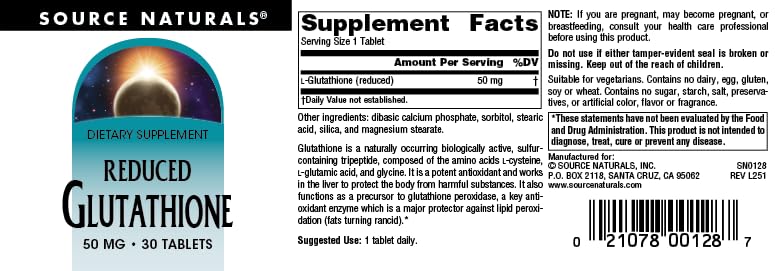 Source Naturals Reduced Glutathione 50 mg Tablet, 30 Tablets