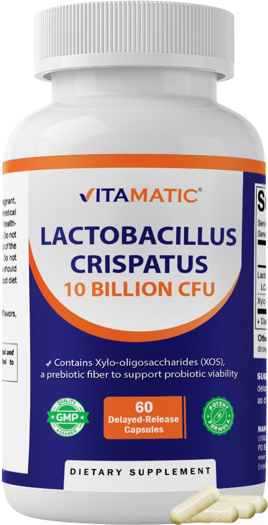 Vitamatic Lactobacillus Crispatus 10 Billion CFU with XOS Prebiotic, Delayed-Release Probiotic Capsules, 60 Capsules
