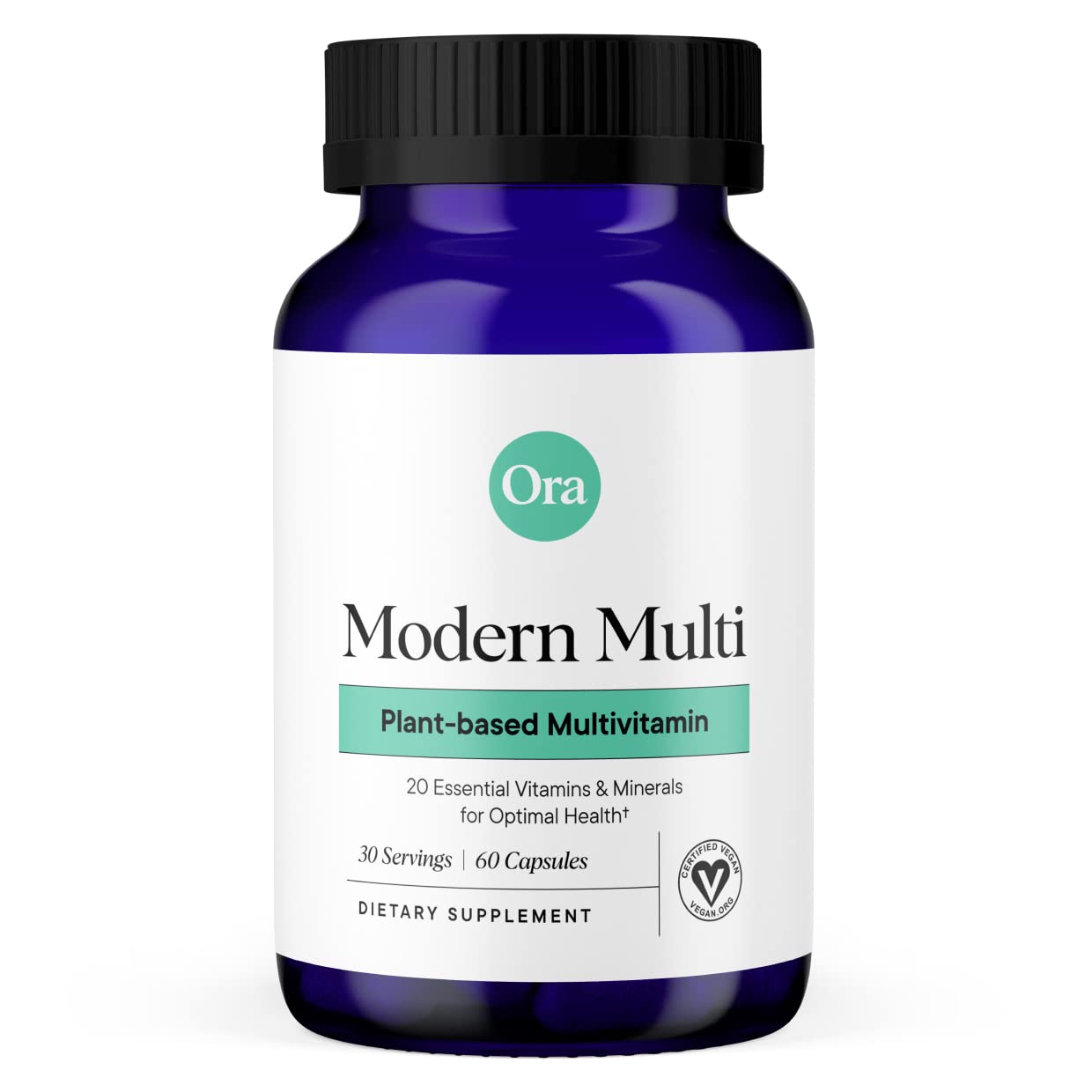 Ora Organic Plant Based Multivitamin for Women and Men, Bluelight Protection, Brain, Eye, Energy, Immune, Skin, Hair, Heart, and Bone Health Support, 60 Capsules