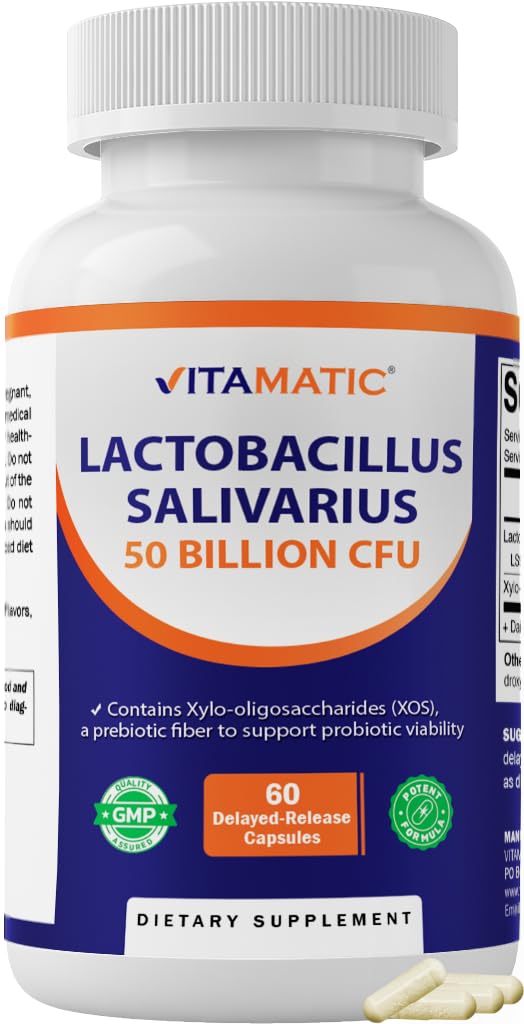 Vitamatic Lactobacillus Salivarius 50 Billion CFU with XOS Prebiotic, Delayed-Release Probiotic, Non-GMO, Gluten Free, 60 Capsules