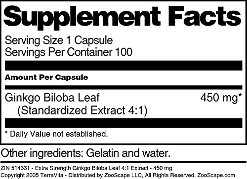 Terravita Ginkgo Biloba Leaf 4:1 Extract 450 mg Capsules, 100 Count