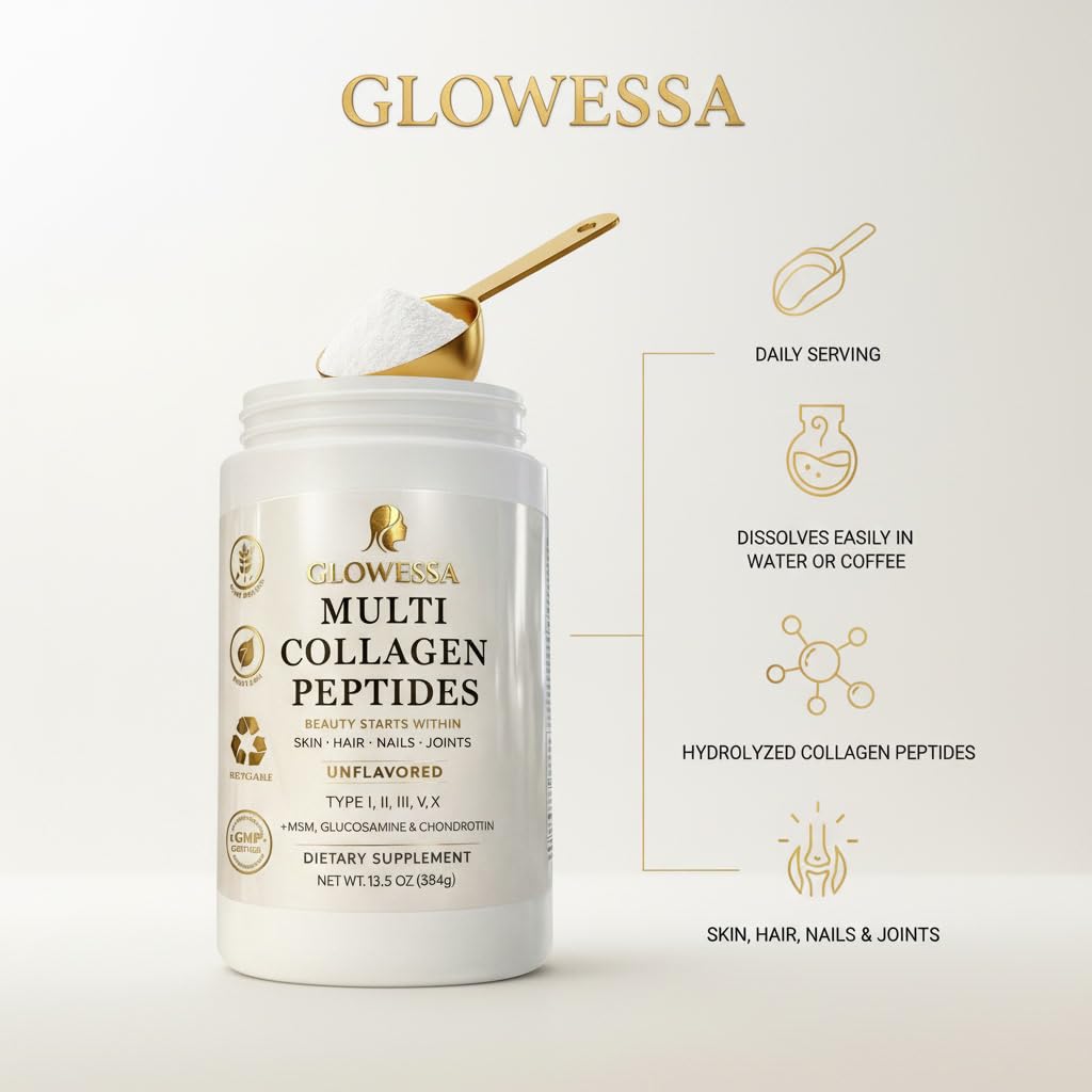 Glowessa Multi Collagen Peptides Powder – Types I, II, III, V & X – Hydrolyzed Collagen Supplement for Hair, Skin, Nails & Joint Support – Unflavored Daily Collagen for Women & Men, 13.55 oz
