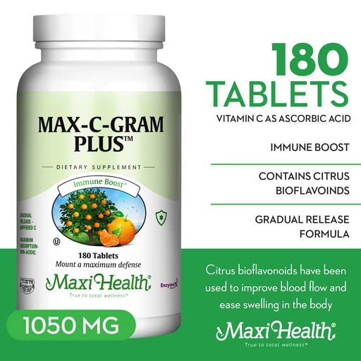Maxi Health Max C Gram Plus Gradual Release Buffered Vitamin C Tablets, 180 Tablets