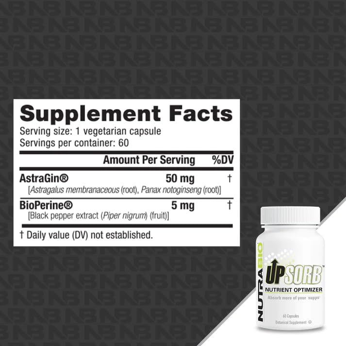NutraBio UpSorb BioPerine Supplement - Nutrient Bioavailability Enhancer with Black Pepper Extract, 60 Capsules