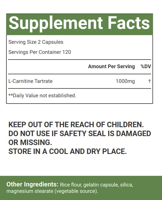 VitaCosmoX L-Carnitine Tartrate 1000mg, 240 Vegan Capsules