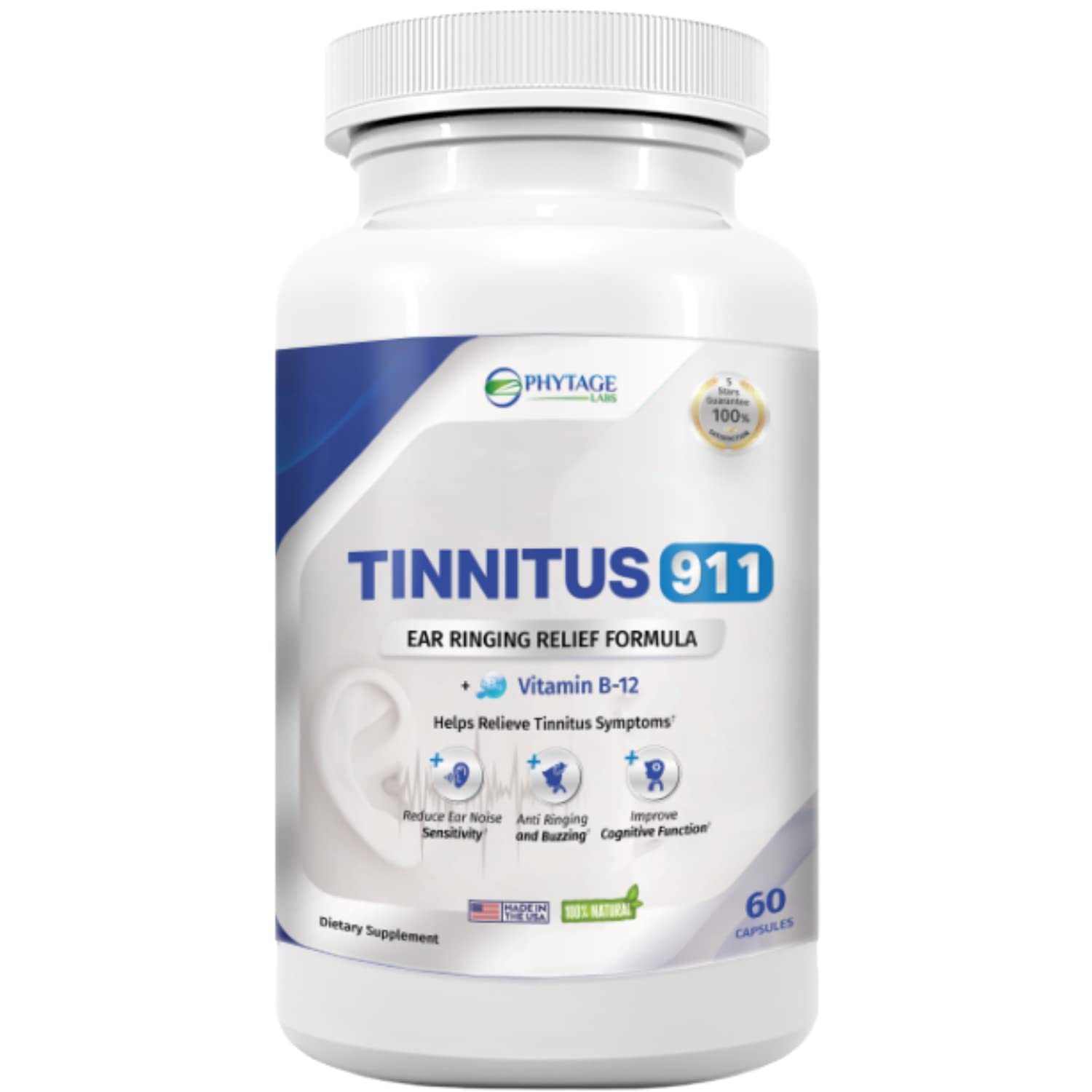 Tinnitus 911 Phytage Labs Advanced Ear Ringing Relief Supplement – Daily Auditory Support Formula with Vitamin B12, Hawthorn Berry, Olive Leaf & Green Tea Extract, 60 Capsules