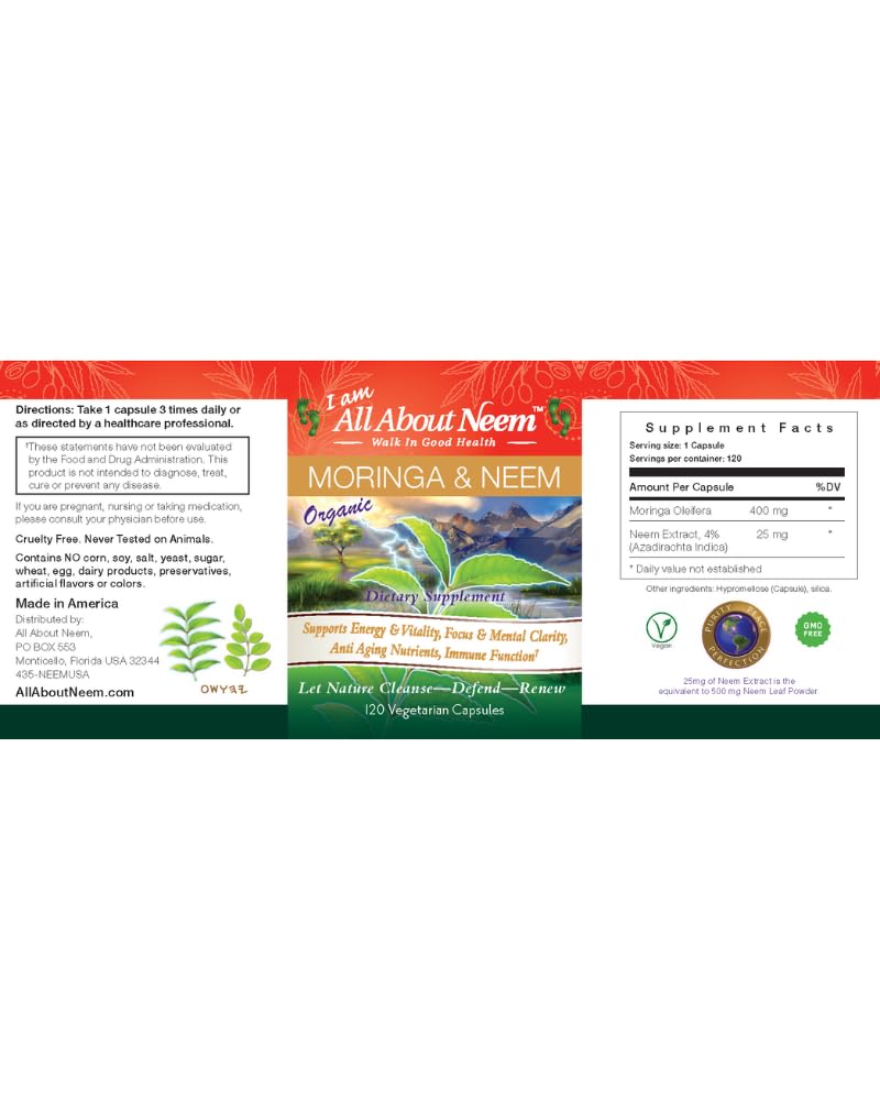 All About Neem Organic Moringa 400mg & Neem Leaf 500mg Capsules 120 Count