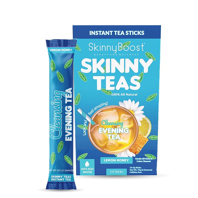 SkinnyBoost Skinny Teas Cleansing Evening Tea Sticks – Lemon Honey Detox Tea, Digestive Cleanse + Bloat Relief Support, Prebiotic Fiber, Caffeine-Free, 10 Calories Powder, 14 Count