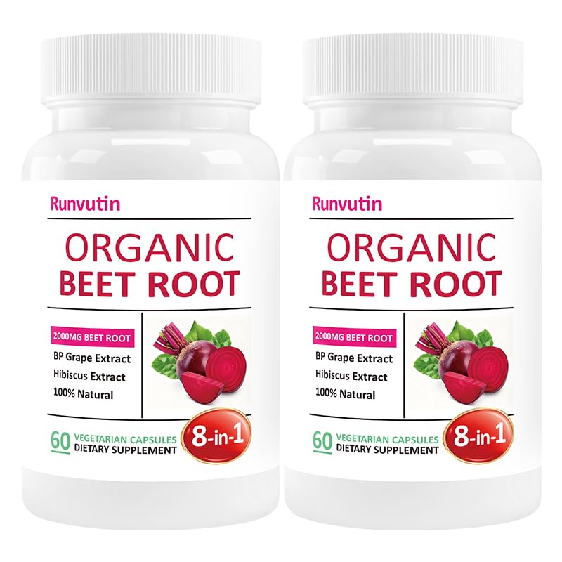 Runvutin Organic Beet Root Capsules 2000mg Beet Root Powder, Blood Pressure & Nitric Oxide Support, Digestive Health, 120 Capsules