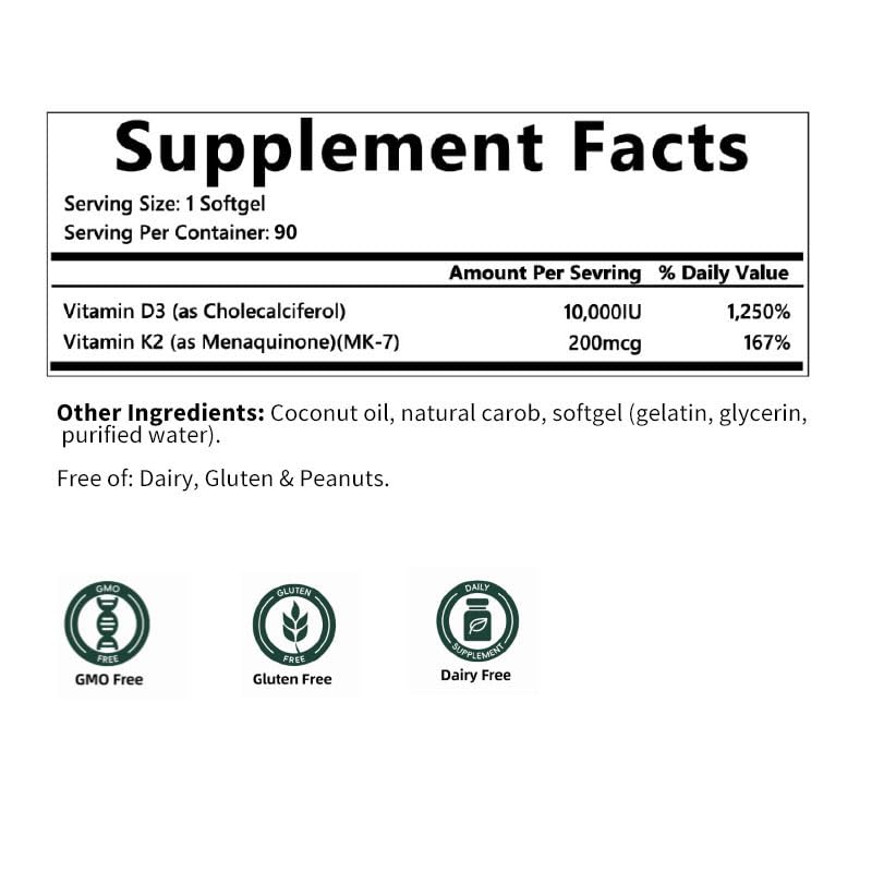 YOUTHVITA Vitamin D3 K2 Softgel with Coconut Oil, 10000 IU D3 and 200 mcg K2, Supports Calcium Absorption, Bone, Immune, & Heart Health, 90 Softgels