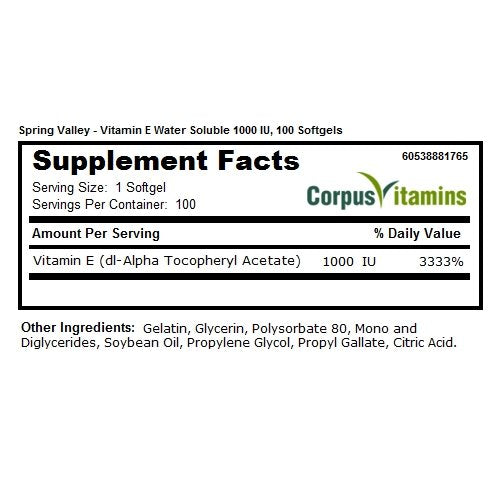 Spring Valley Vitamin E Water Soluble 1000 IU Softgels, 100 Count