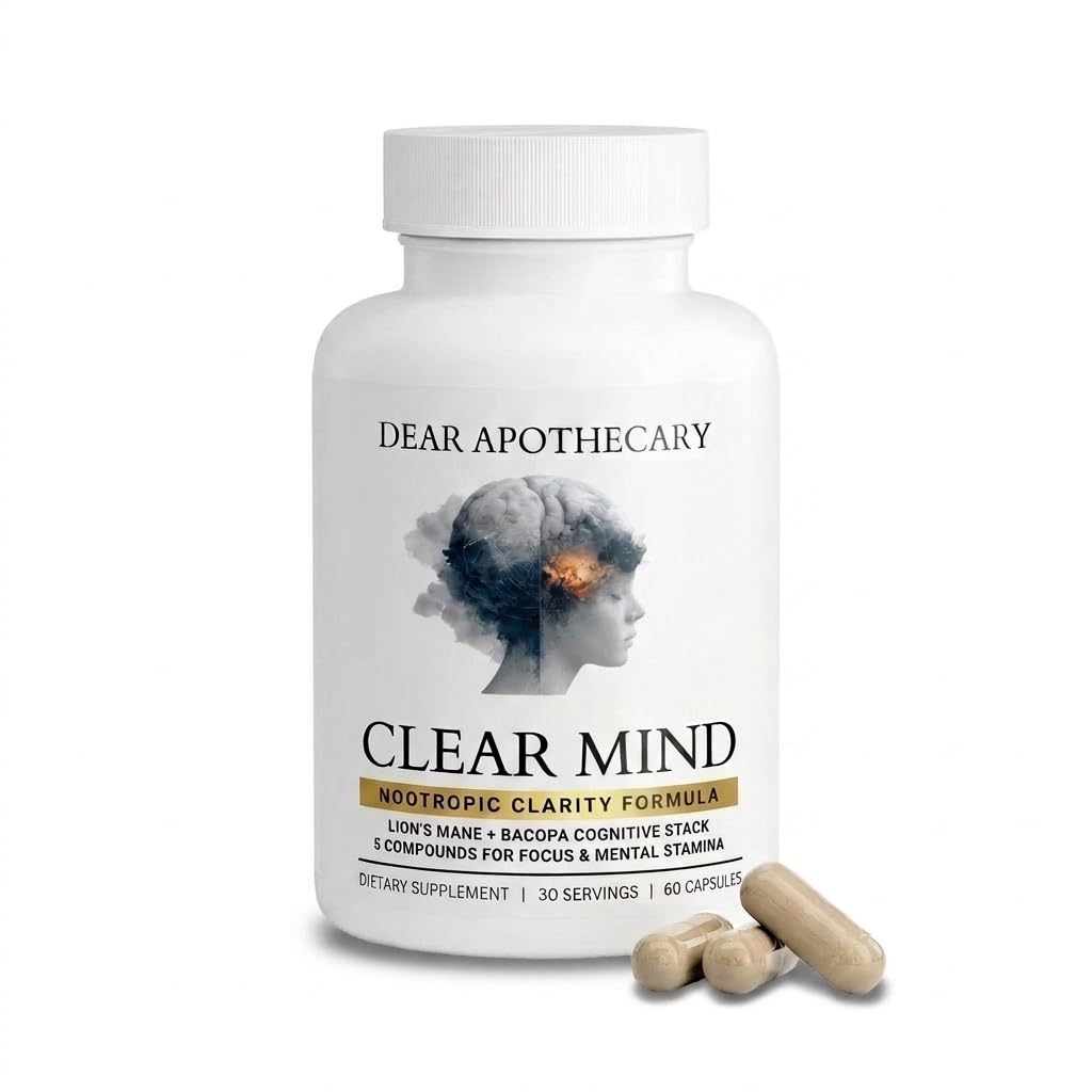 Dear Apothecary Clear Mind Nootropic Brain Support for Focus + Memory + Clarity - Concentration, Energy, Mental Performance - Lion's Mane 500mg Bacopa 200mg Rhodiola L-Theanine - Vegan Non-GMO, 60 Capsules