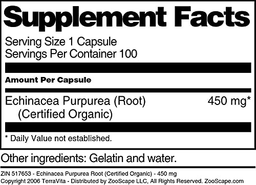 Terravita Echinacea Purpurea Root (Certified Organic) 450 mg Capsule, 300 Capsules
