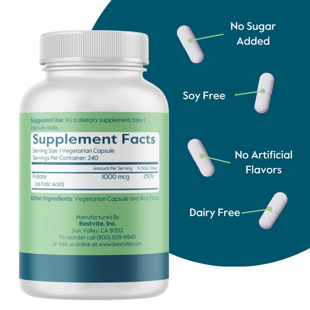 BESTVITE Folic Acid 1000mcg (Vitamin B9) Capsules, 240 Count