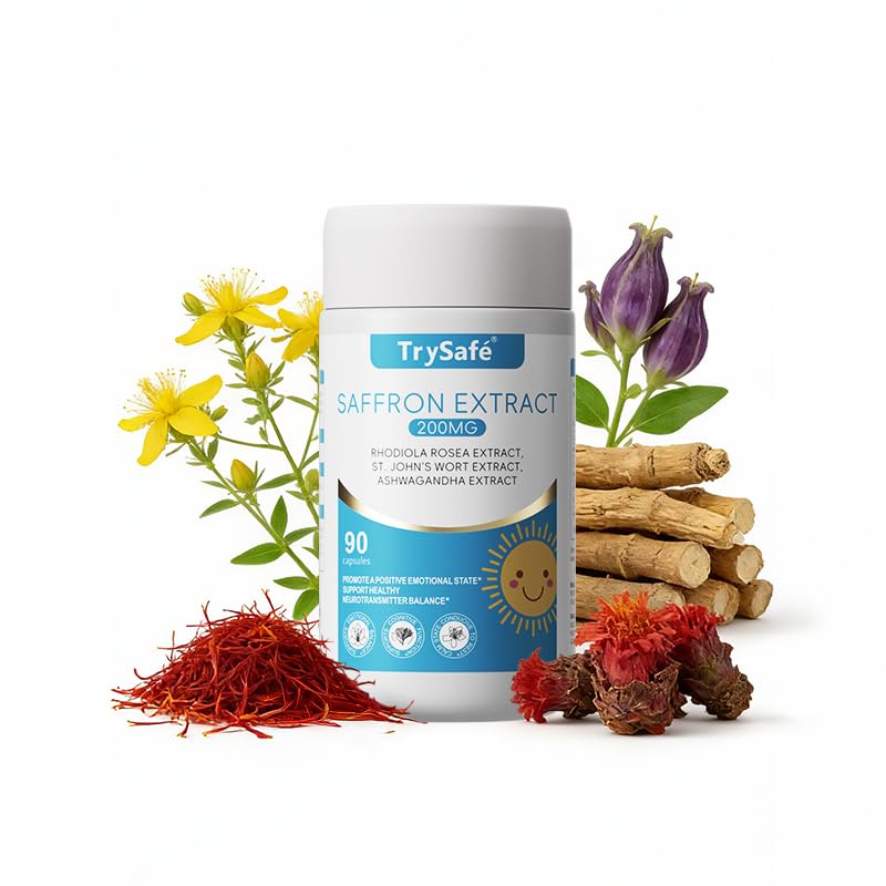 TrySafe 4-in-1 200mg Saffron Capsule with 650mg Rhodiola Rosea, 650mg St. John's Wort & 100mg Ashwagandha, 90 Capsules