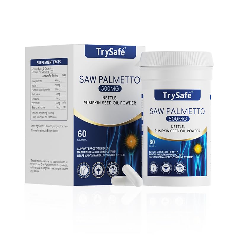 TrySafe 7-in-1 500mg Saw Palmetto for Men Prostate Health with 200mg Nettle and 200mg Pumpkin Seed Oil, 60 Capsules