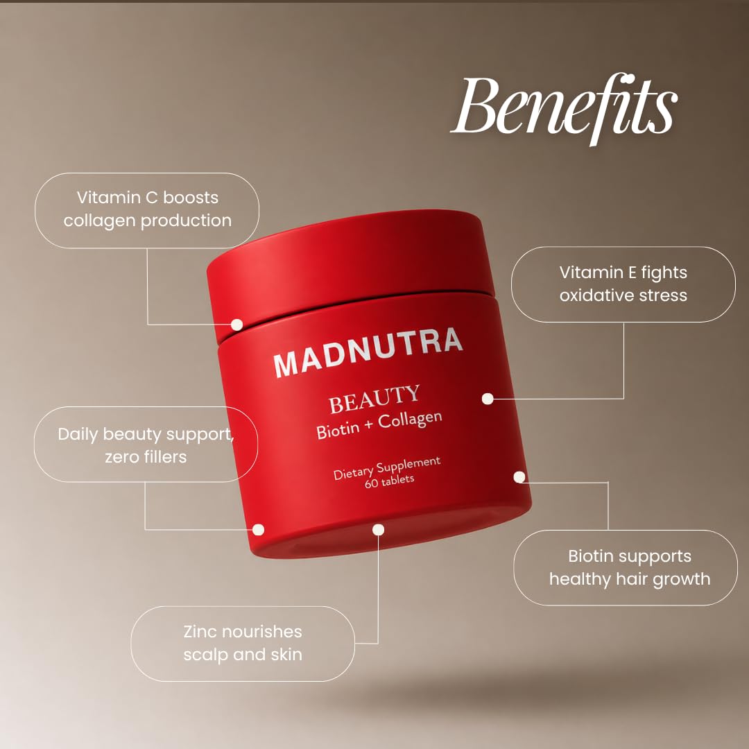 MadNutra Hair Skin Nails Vitamins - Biotin + Collagen Supplement, Vitamin C&E Complex for Healthy Hair Growth, Strong Nails & Glowing Skin - Premium Beauty Support Supplement for Women & Men, 60 Capsules