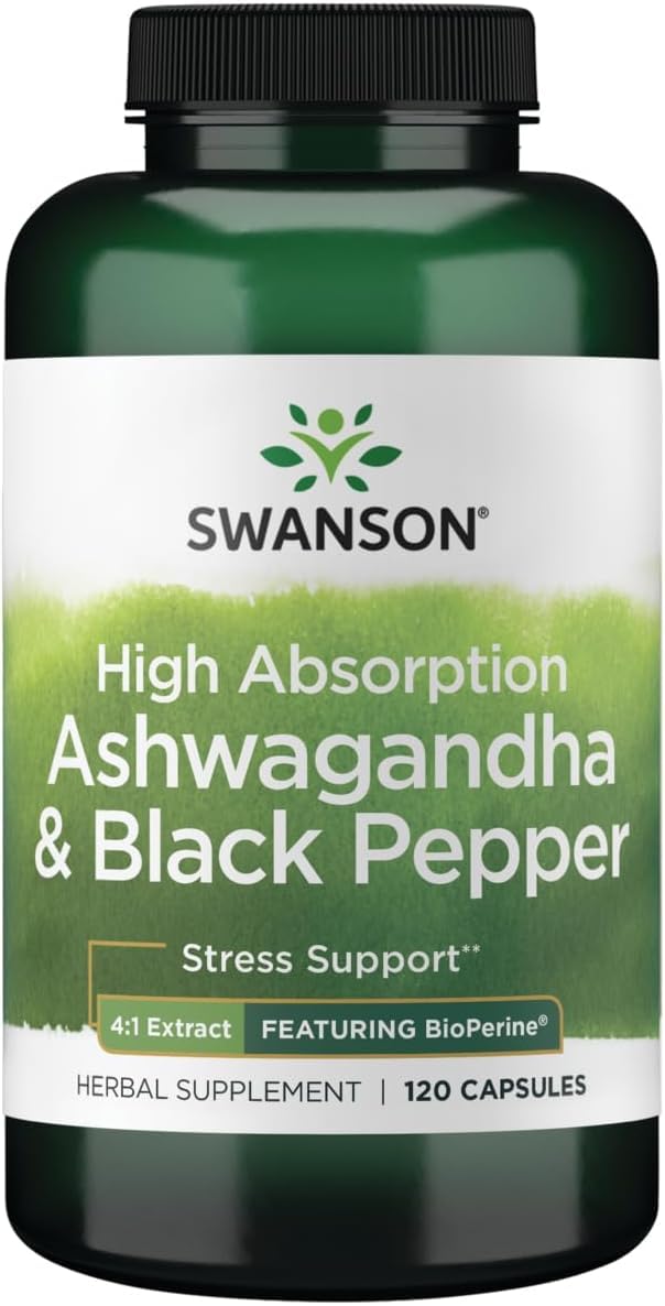 Swanson High Absorption Ashwagandha & Black Pepper Featuring Bioperine Capsule 120 Count