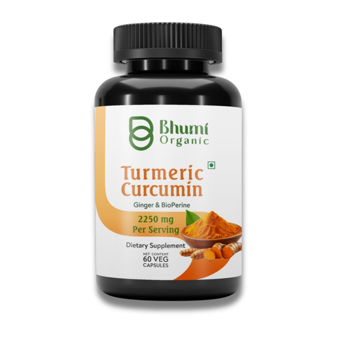 Bhumi Organic 4-in-1 Turmeric Curcumin Ginger Supplements with Bioperine 2250 mg, Capsules, 60 Count