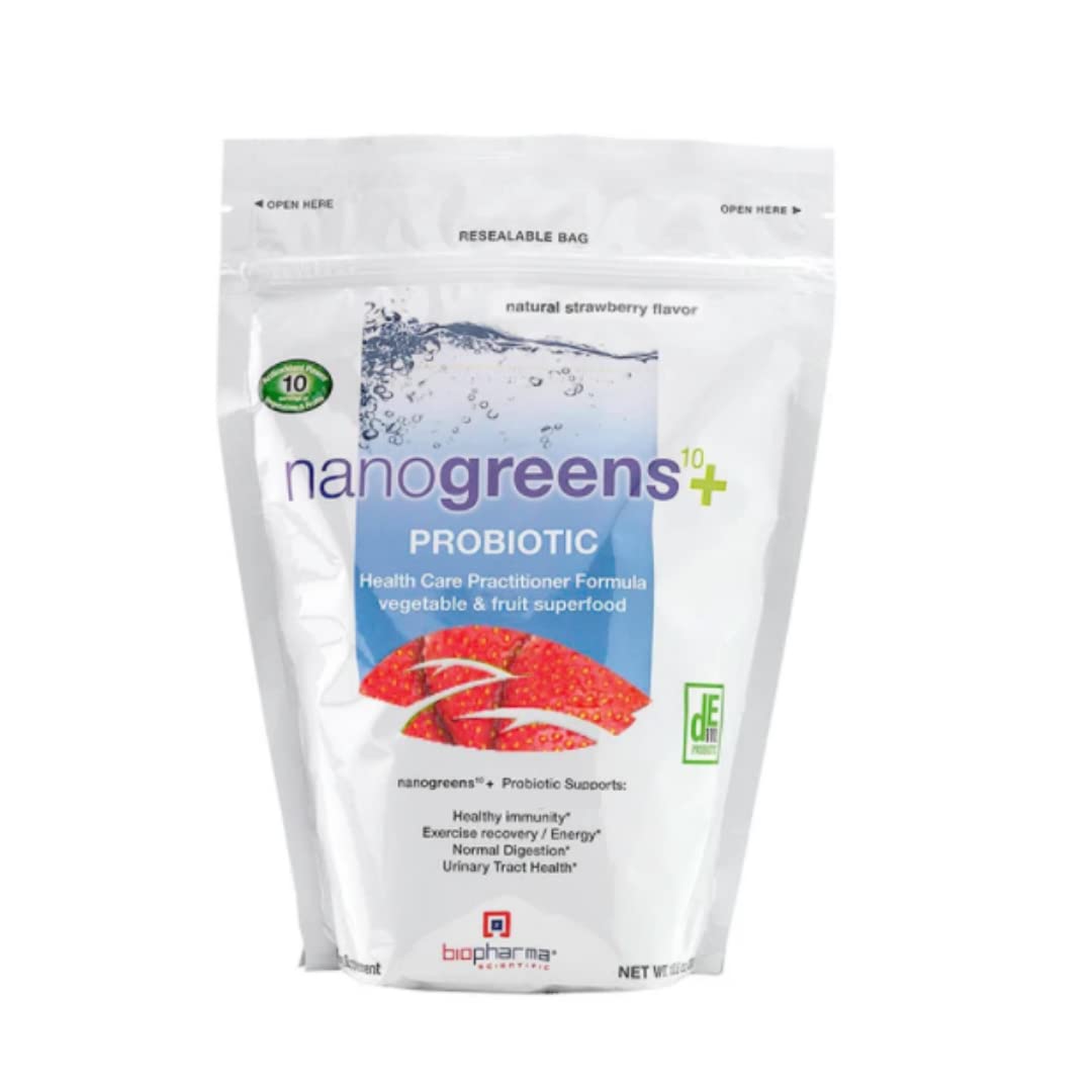 Biopharma Scientific Nanogreens+Probiotic Greens Superfood Powder with 5 Billion Probiotics, Strawberry Flavor, 30 Servings, 10.6 oz