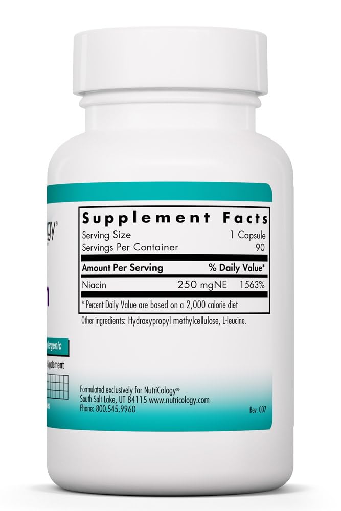 Allergy Research Group NutriCology Niacin - Vitamin B3 Nicotinic Acid Supplement NAD & Energy Metabolism Support Capsules 90 Count