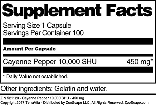 Terravita Cayenne Pepper 10,000 SHU 450 mg Capsules, 100 Count