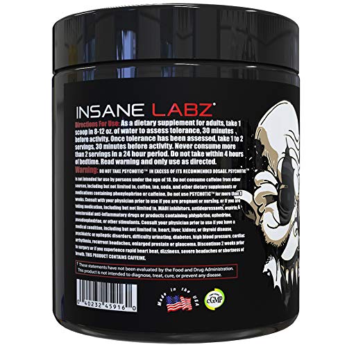 Insane Labz Psychotic Black Edition Mid Stimulant Pre Workout Powder, Energy Focus Pumps, Loaded with Creatine Beta Alanine Taurine Fueled by AMPiberry, 8