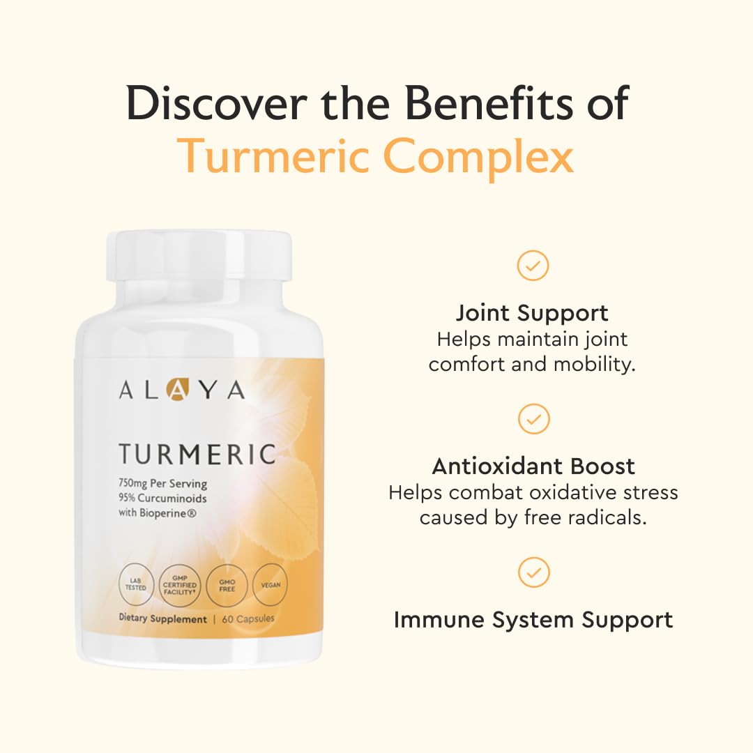 Alaya Naturals Turmeric Curcumin 750mg, 95% Curcuminoids, BioPerine Capsules, 60 Count