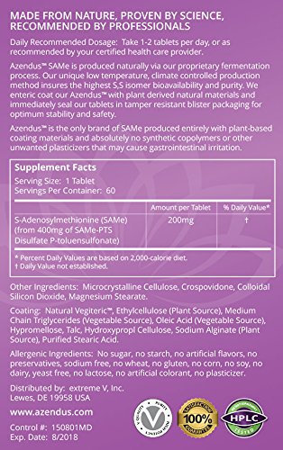 Extreme V Azendus Mood 200mg S-Adendosylmethionine Butanedisulfonate Tablets, 120 Tablets
