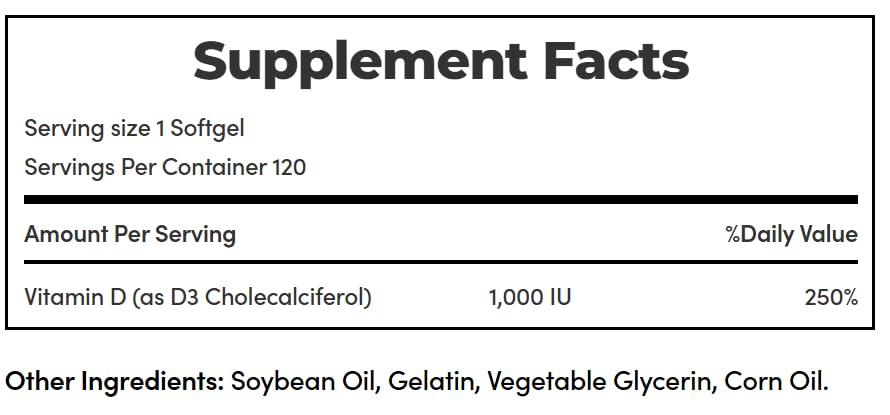 Nature's Bounty Vitamin D3 1000 100 mg Soft Gels, 120 Count