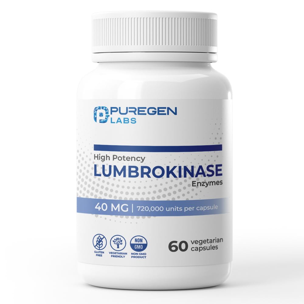P Puregen Labs Lumbrokinase 40mg per Capsule High Potency Supplement 60 Capsules