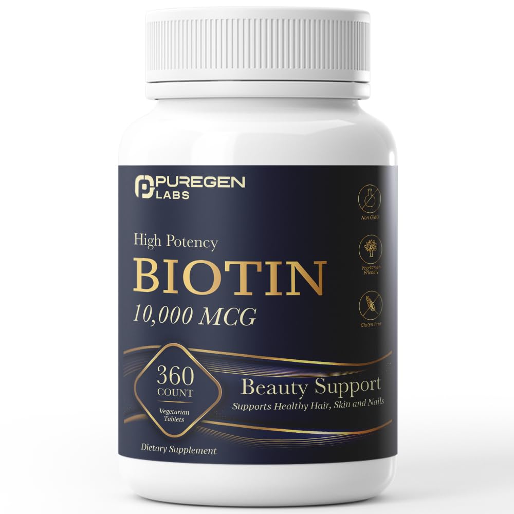 Puregen Labs Biotin 10,000 MCG Supports Healthy Hair, Skin & Nails - High Potency Beauty Support - Non-GMO, Gluten Free, 360 Tablets