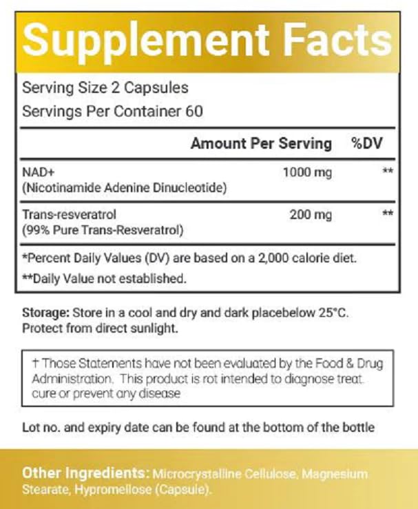 VitaCosmoX NAD+ Supplement 1,200mg per Serving Capsules, 120 Count