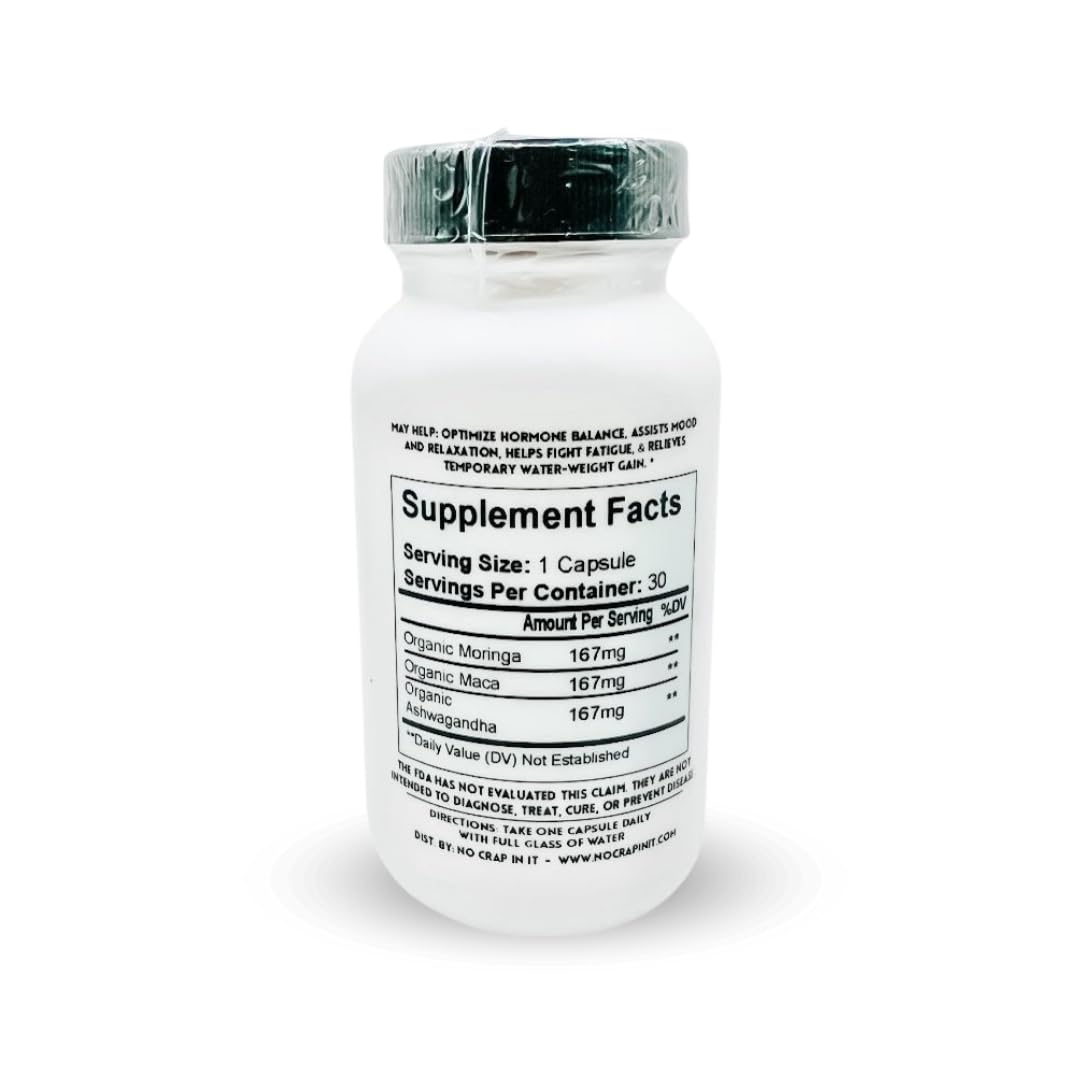 No Crap In It Vitality Balance Women's Support Vitamins for Hormone Balance with Organic Moringa, Organic Ashwagandha, and Organic Maca for Mood Enhancement and Sustained Energy, 30 Capsules