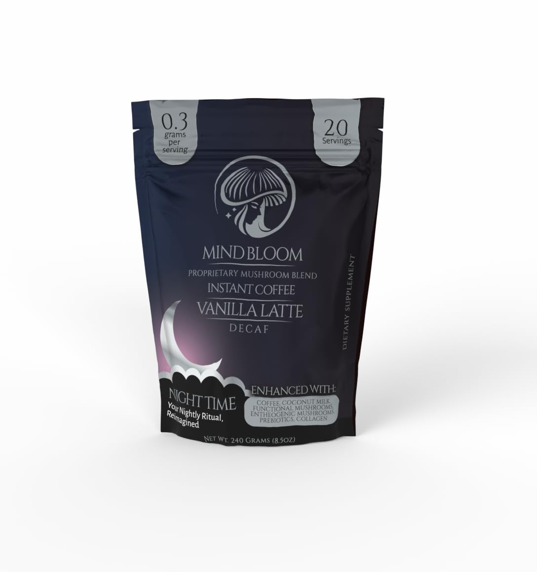 Mind Bloom Night Time Vanilla Latte Instant Coffee Decaf Proprietary Mushroom Blend Powder 8.5 Ounce