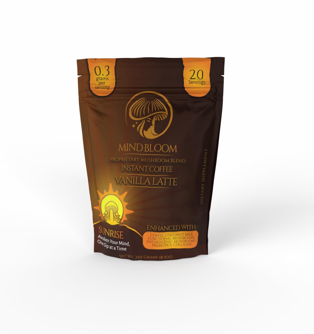 Mind Bloom Sunrise Vanilla Latte Instant Coffee - Proprietary Mushroom Blend Powder 8.5 oz