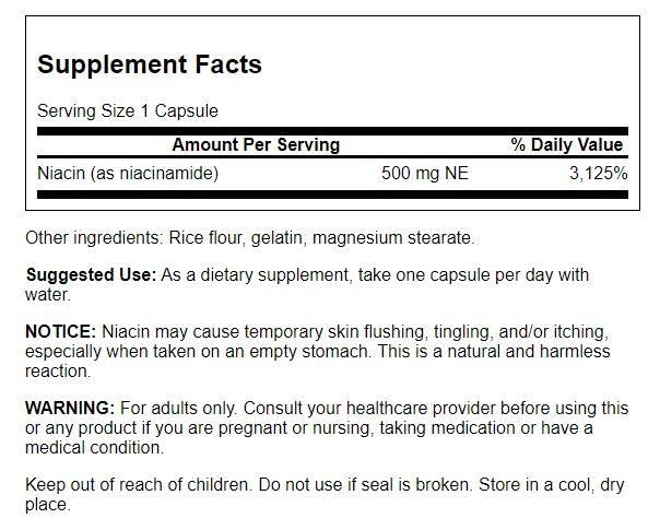 Swanson Niacinamide Carbohydrate Metabolism Joint Health Support 500 Milligrams Capsule 250 Count