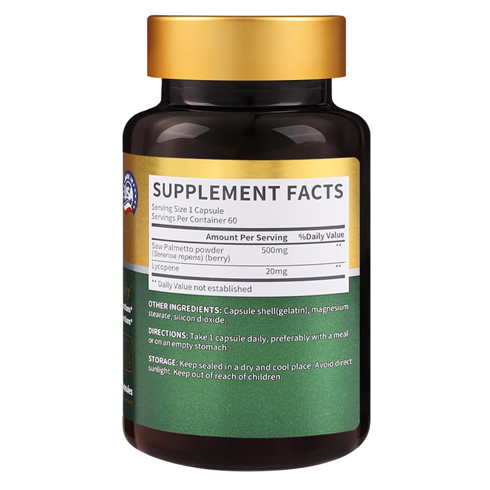 BioHarmony Saw Palmetto for Men Prostate Health Supplement with 500mg Saw Palmetto Extract & 20mg Lycopene, 60 Capsules