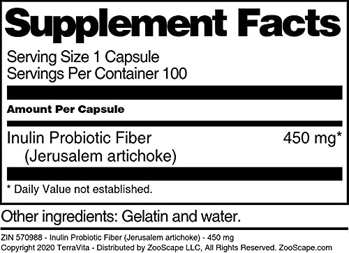 Terravita Inulin Probiotic Fiber (Jerusalem Artichoke) - 450 mg, 100 Capsules