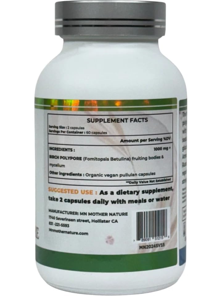 Mn Mother Nature Inc Birch Polypore Mushroom Supplement 1000mg Capsules 120