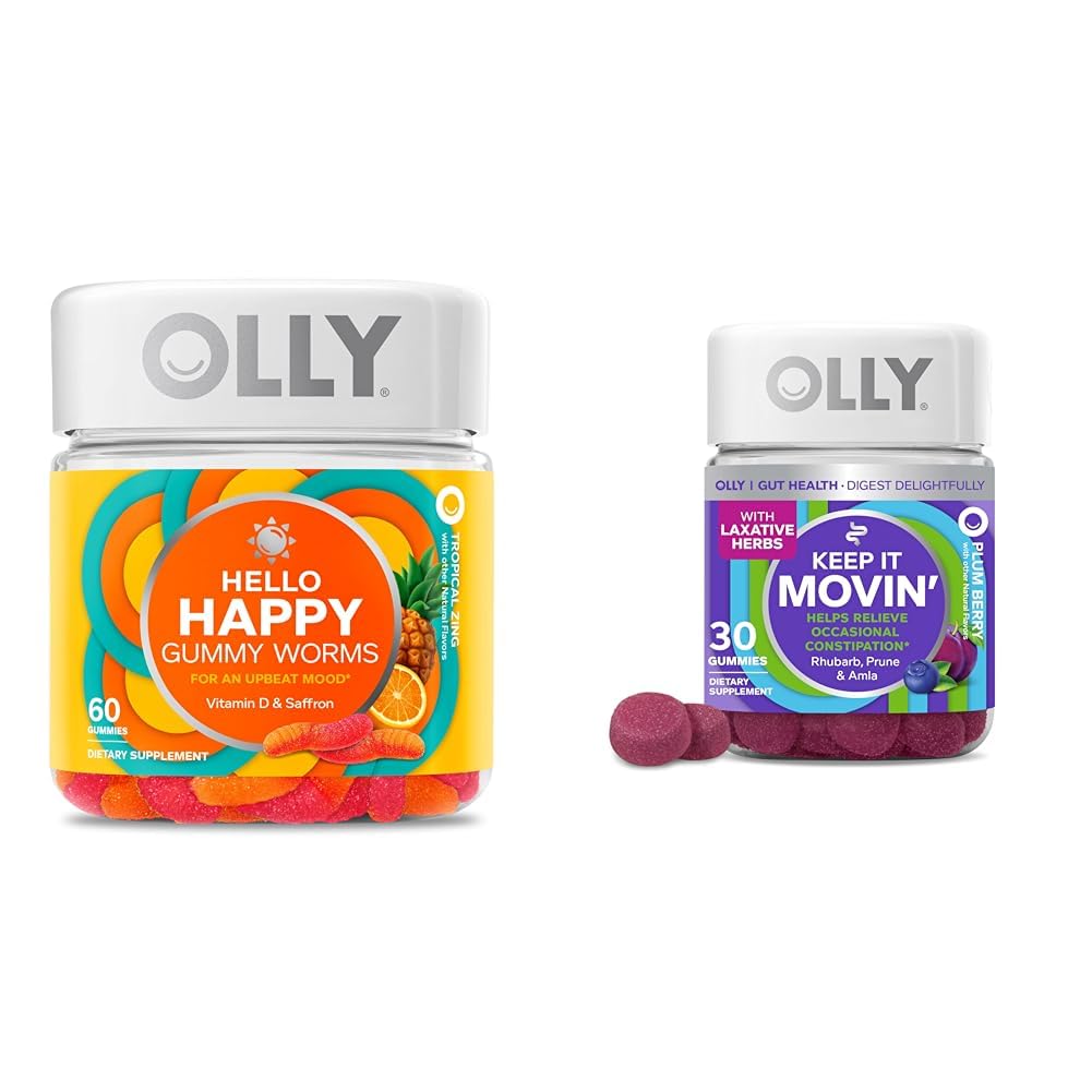 OLLY Hello Happy Gummy Worms Mood Support with Saffron, Vitamin D and Keep It Moving Constipation Relief Gummies with Rhubarb, Prunes, Amla, 90 Count