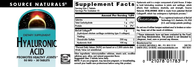Source Naturals Hyaluronic Acid 50mg Tablet, 30 Tablets