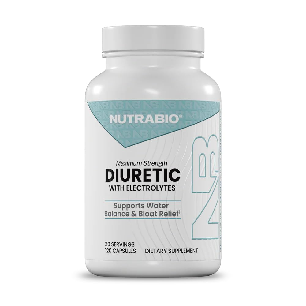 NutraBio Diuretic with Electrolytes - Maximum Strength Water Retention Pills and Bloat Relief Support for Women and Men, Weight Loss Support, Diuretic Water Pills Supplements - 120 Capsules