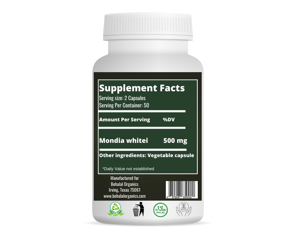 Behalal Organics Mondia Whitei Natural Pure Supplement (Mulondo, Entengo, Mukombero, Gondolosi, White Ginger) 100 Capsules